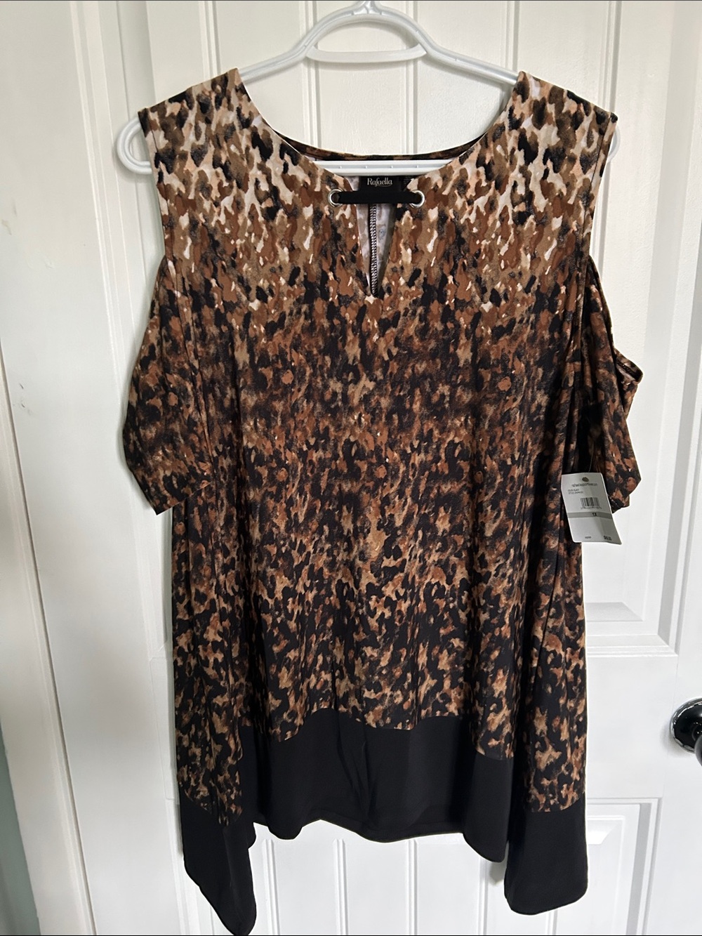 Rafaella Brown Leopard Cold-Shoulder Blouse with Black Hem